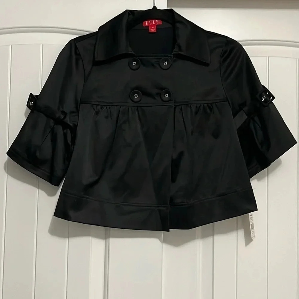 NWT Elle black satin double breasted crop jacket. XS